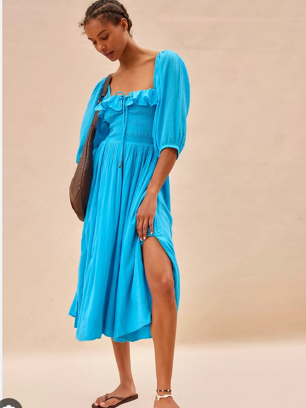 Free people Oasis smocked tie square neck Midi Dress in Tropical Blue S